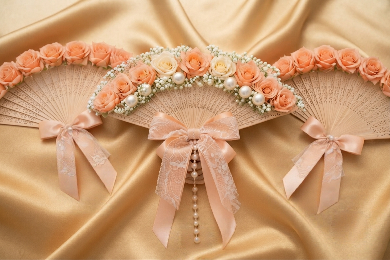 Pack Éventails Prestige – Mariée & Demoiselles d'Honneur (4+1) – Thème Vert Émeraude & Orange Floral. Personnalisable selon vos couleurs et préférences.