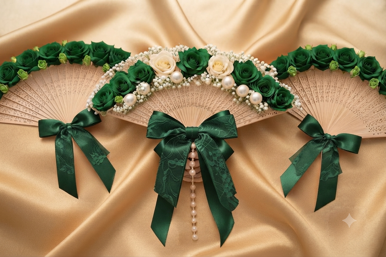 Pack Éventails Prestige – Mariée & Demoiselles d'Honneur (4+1) – Thème Vert Émeraude & Orange Floral. Personnalisable selon vos couleurs et préférences.