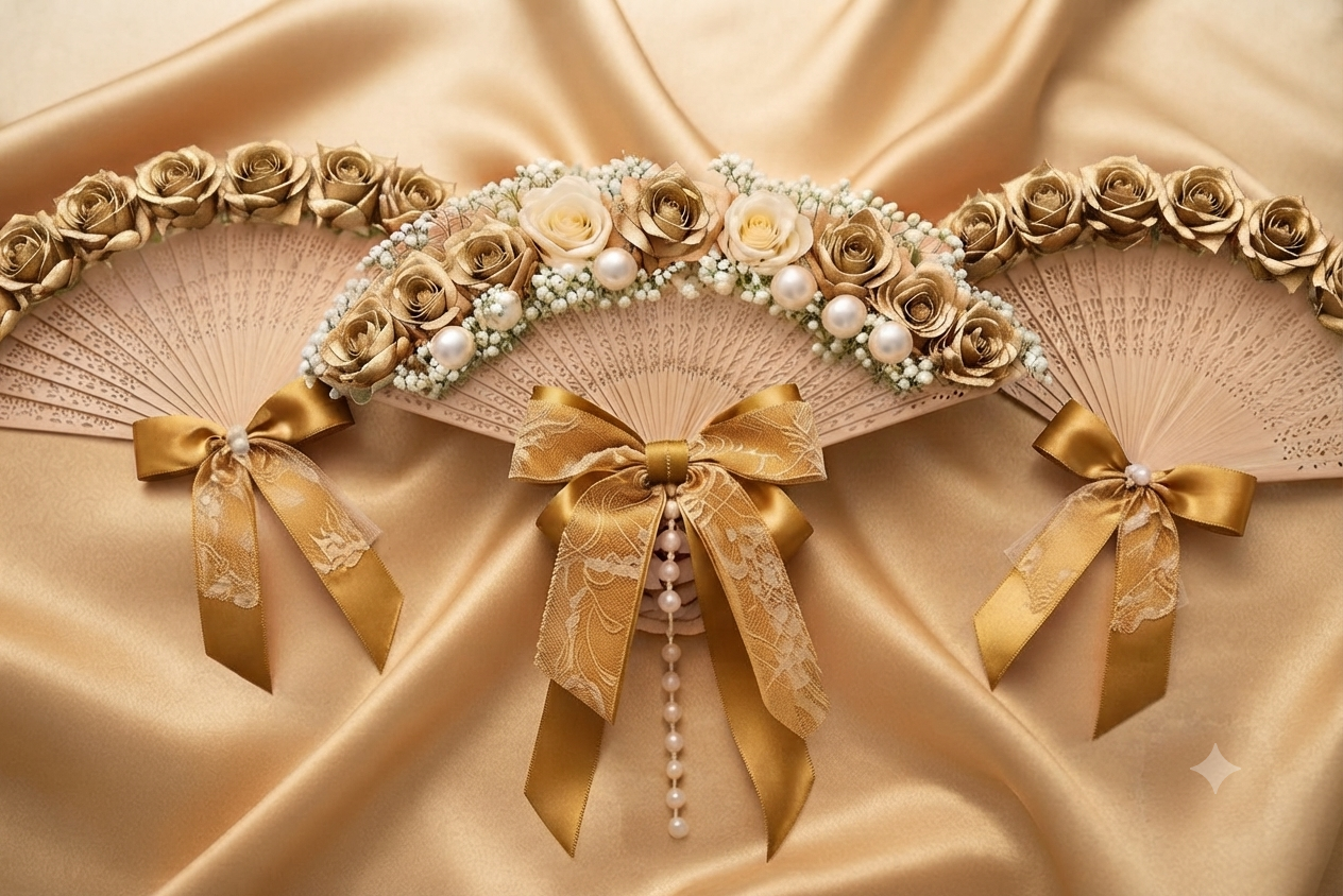 Pack Éventails Prestige – Mariée & Demoiselles d'Honneur (4+1) – Thème Vert Émeraude & Orange Floral. Personnalisable selon vos couleurs et préférences.